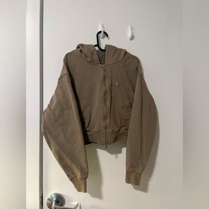 Light Olive Green Cropped Hoodie | Casual Zip-Up Sweatshirt with Hoodie